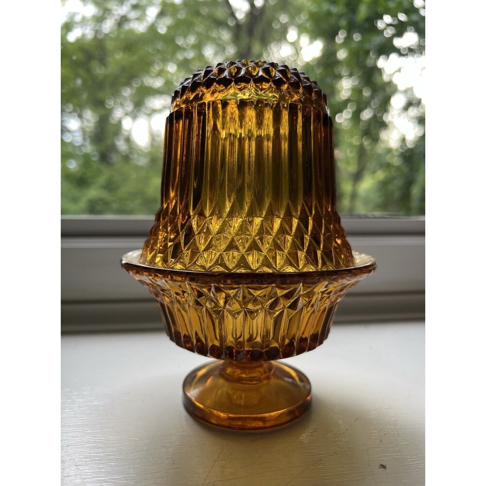 Amber Fairy Lamp Light 6.5” Vintage MCM Indiana Glass Diamond Point Golden Foot